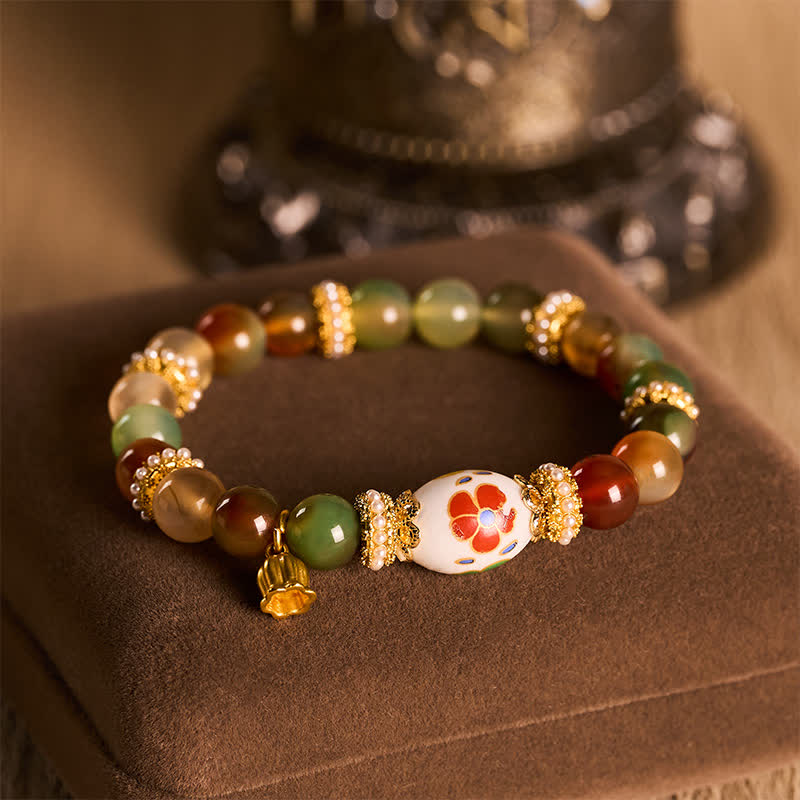 Buddha Stones Bracelet à perles rondes en céramique avec pendentif lotus en agate paon naturelle et perles cylindriques, symbole de confiance - image 1