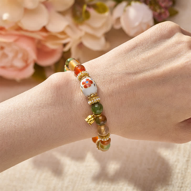 Buddha Stones Bracelet à perles rondes en céramique avec pendentif lotus en agate paon naturelle et perles cylindriques, symbole de confiance - image 4
