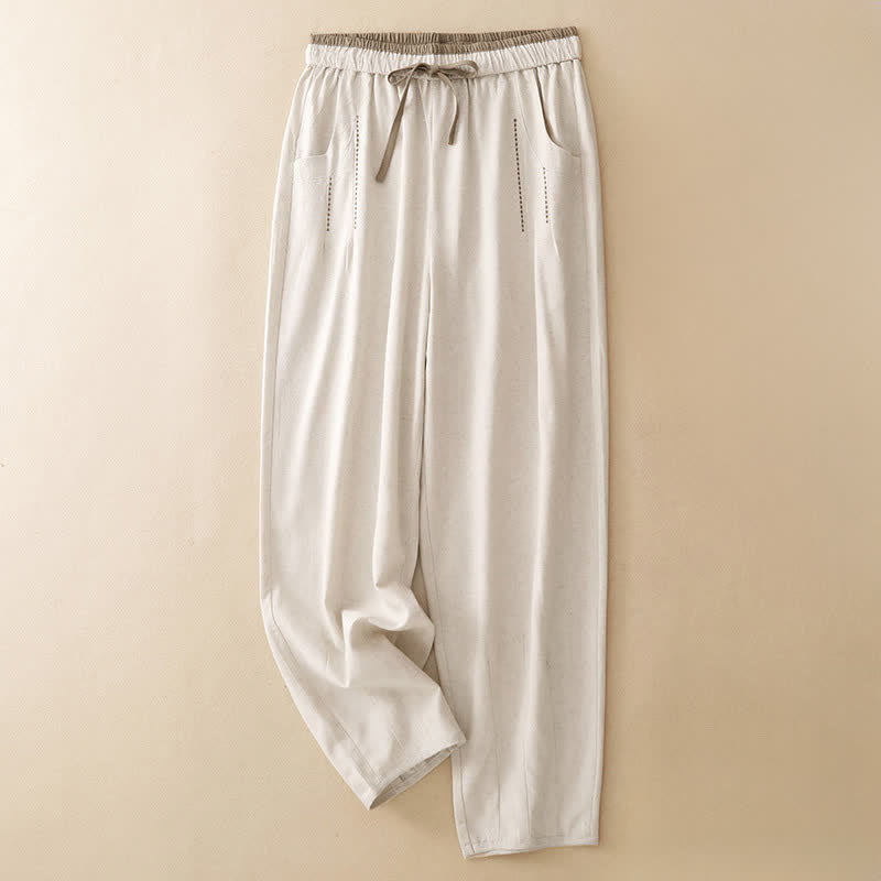 Buddha Stones Pantalon court uni à cordon de serrage et poches, style minimaliste et décontracté d'été. - Beige - US8-10, UK/AU12-14, EU40-42 (2XL) - image 0