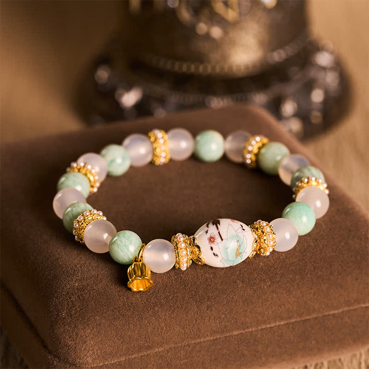 Buddha Stones Bracelet de pureté en perles rondes, perles rondes, pendentif fleur en agate blanche et amazonite céramique, bracelet en perles rondes. - image 2