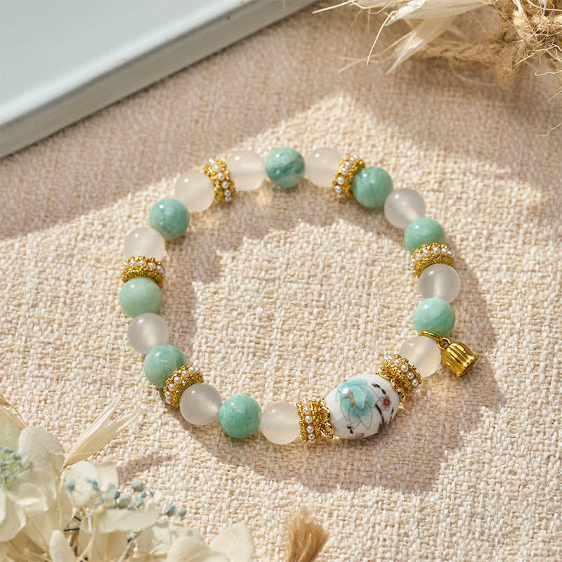 Buddha Stones Bracelet de pureté en perles rondes, perles rondes, pendentif fleur en agate blanche et amazonite céramique, bracelet en perles rondes. - Amazonite en agate blanche (Tour de poignet : 15–16 cm) - image 0