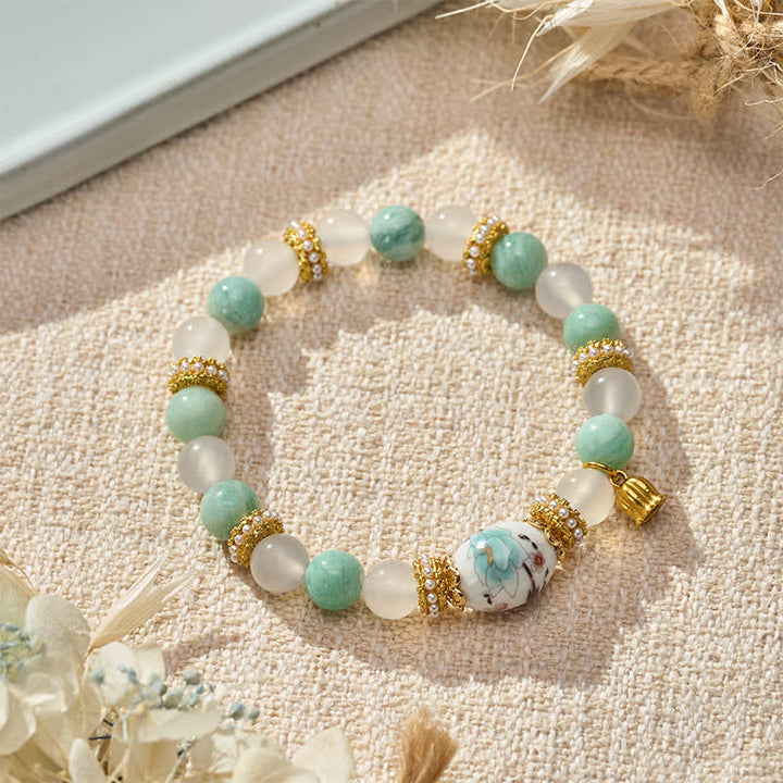 Buddha Stones Bracelet de pureté en perles rondes, perles rondes, pendentif fleur en agate blanche et amazonite céramique, bracelet en perles rondes. - Amazonite en agate blanche (Tour de poignet : 15–16 cm) - image 0