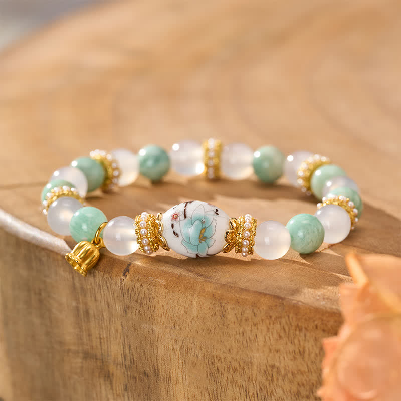 Buddha Stones Bracelet de pureté en perles rondes, perles rondes, pendentif fleur en agate blanche et amazonite céramique, bracelet en perles rondes. - image 3