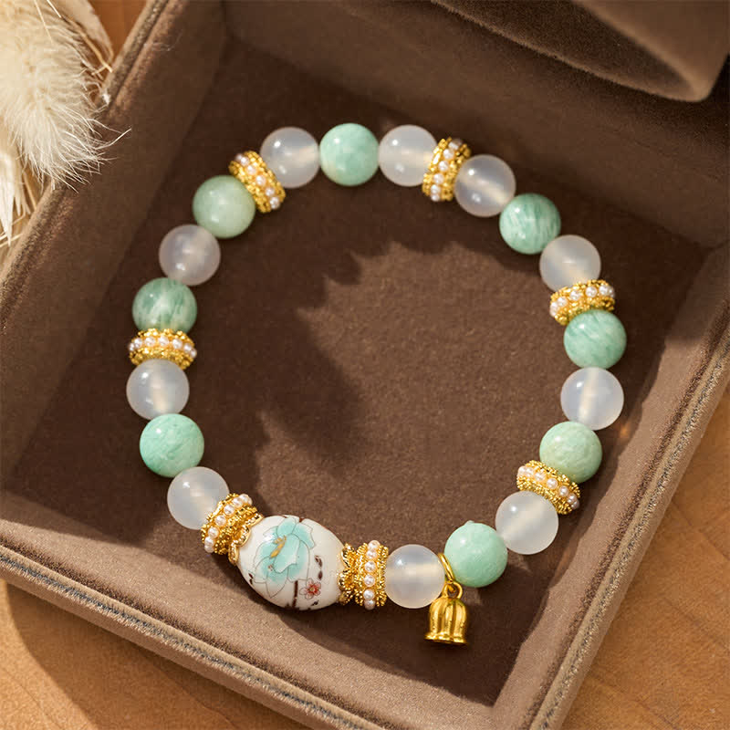 Buddha Stones Bracelet de pureté en perles rondes, perles rondes, pendentif fleur en agate blanche et amazonite céramique, bracelet en perles rondes. - image 1