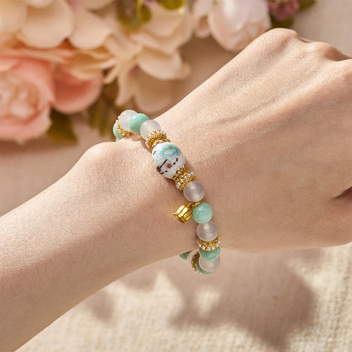 Buddha Stones Bracelet de pureté en perles rondes, perles rondes, pendentif fleur en agate blanche et amazonite céramique, bracelet en perles rondes. - image 4