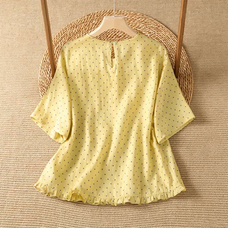 Buddha Stones T-shirts à manches courtes pour femmes, à pois et ourlet volanté, style été décontracté - image 1