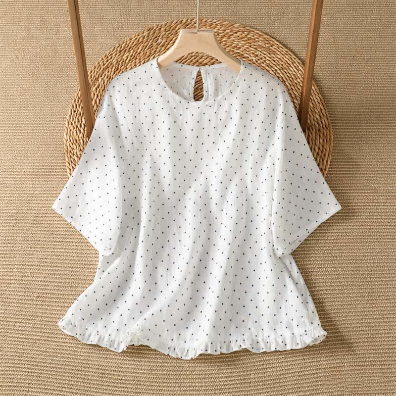 Buddha Stones T-shirts à manches courtes pour femmes, à pois et ourlet volanté, style été décontracté - Blanc - US8-10, UK/AU12-14, EU40-42 (2XL) - image 11
