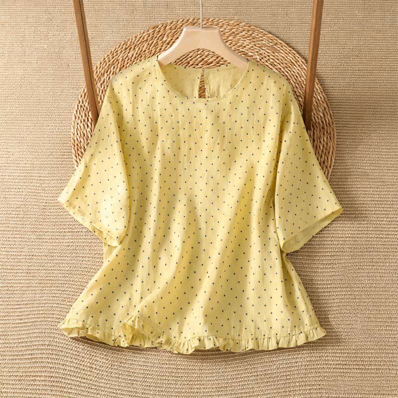 Buddha Stones T-shirts à manches courtes pour femmes, à pois et ourlet volanté, style été décontracté - Jaune clair - US8-10, UK/AU12-14, EU40-42 (2XL) - image 0