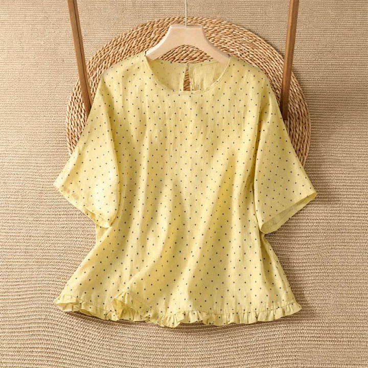 Buddha Stones T-shirts à manches courtes pour femmes, à pois et ourlet volanté, style été décontracté - Jaune clair - US8-10, UK/AU12-14, EU40-42 (2XL) - image 0