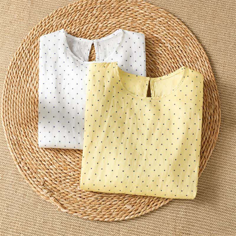 Buddha Stones T-shirts à manches courtes pour femmes, à pois et ourlet volanté, style été décontracté - image 17