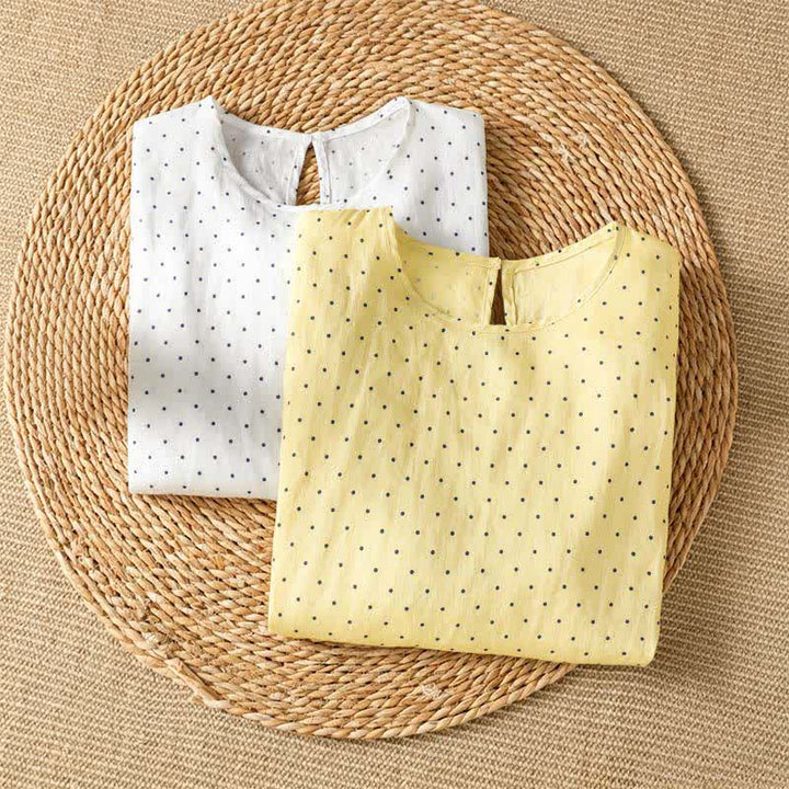 Buddha Stones T-shirts à manches courtes pour femmes, à pois et ourlet volanté, style été décontracté - image 17