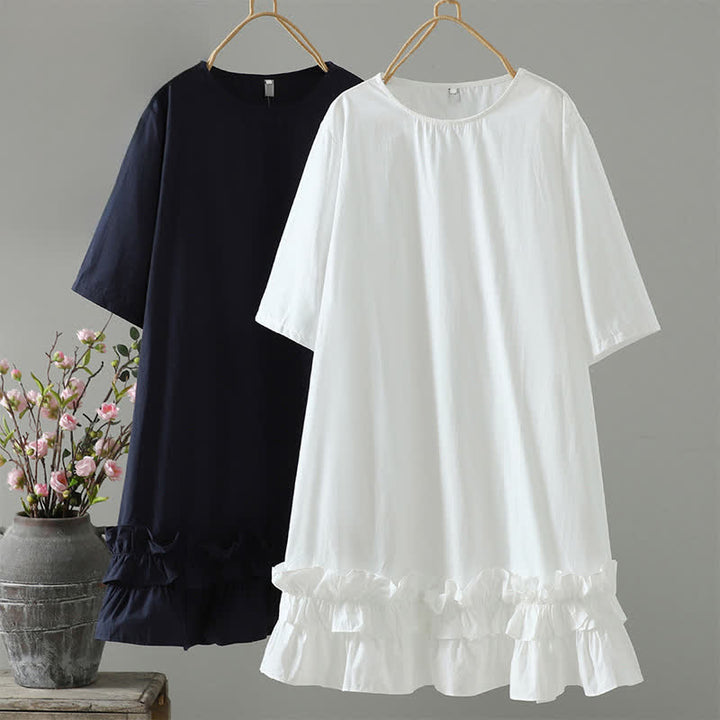 Buddha Stones Robe d'été minimaliste décontractée à manches courtes pour femme, unie, à ourlet à volants - image 0