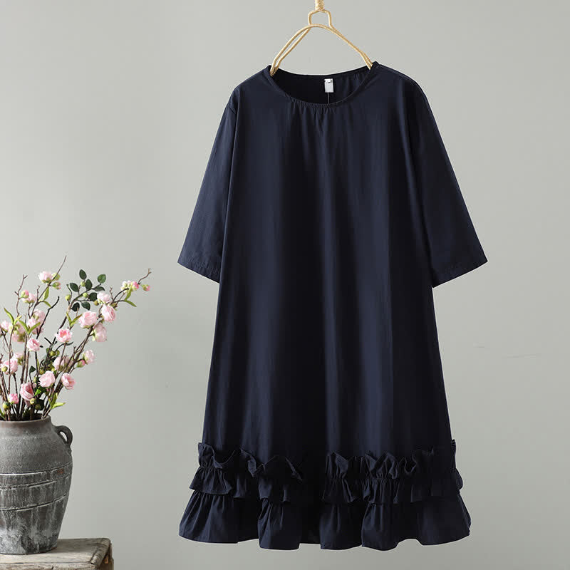 Buddha Stones Robe d'été minimaliste décontractée à manches courtes pour femme, unie, à ourlet à volants - Bleu nuit - US14, UK/AU18, EU46 (2XL) - image 1