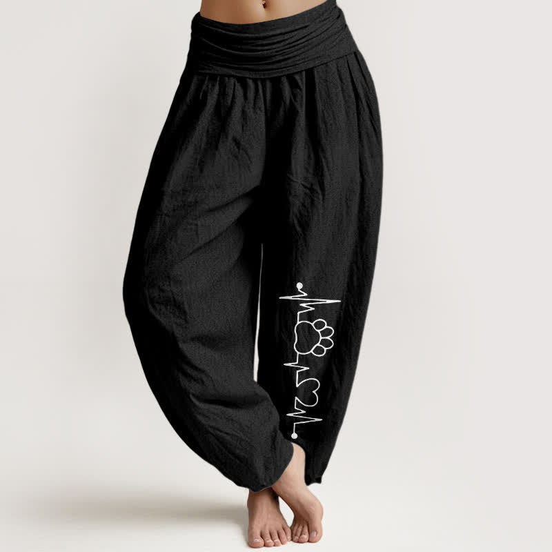 Buddha Stones Pantalon harem pour femme en pur coton, motif battements de cœur et empreintes de pattes, taille élastique - Noir - US16，UK/AU20，EU48 (3XL) - image 5