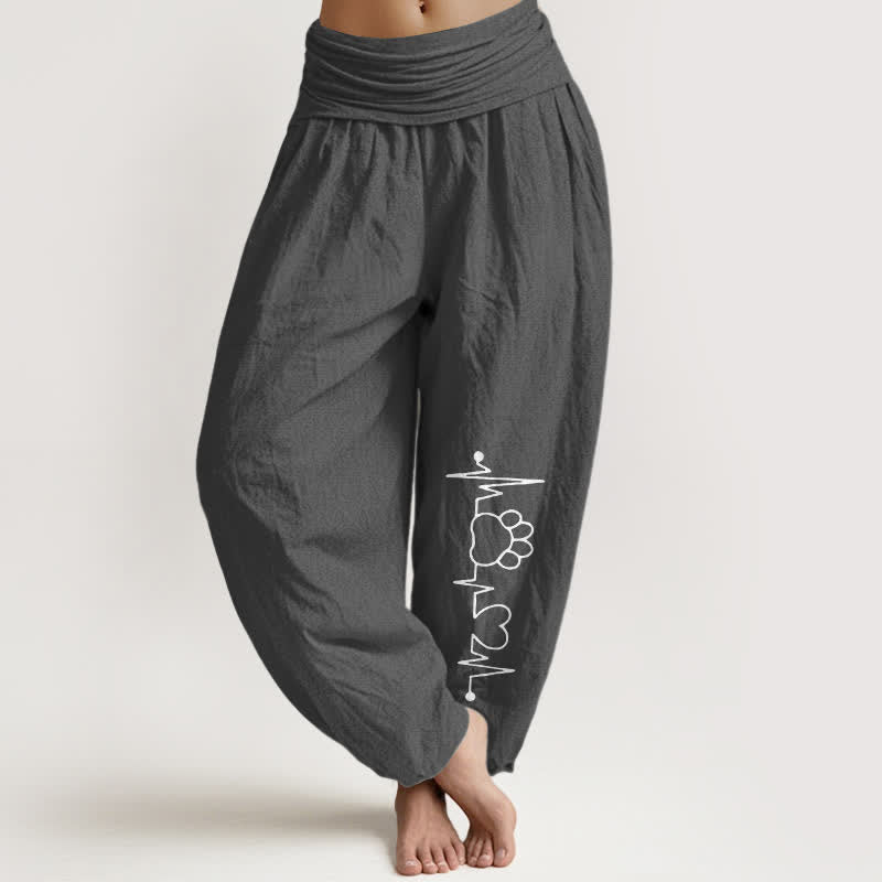 Buddha Stones Pantalon harem pour femme en pur coton, motif battements de cœur et empreintes de pattes, taille élastique - Gris sombre - US16，UK/AU20，EU48 (3XL) - image 8
