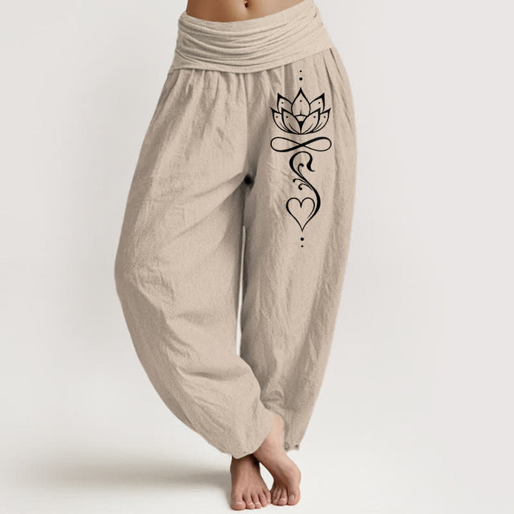Buddha Stones Pantalon harem pour femme en pur coton blanc à motif de lotus et taille élastique - Tanné - US16，UK/AU20，EU48 (3XL) - image 11