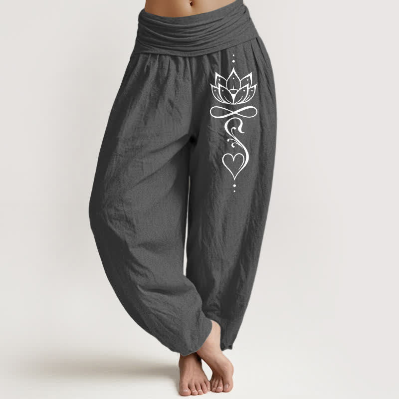 Buddha Stones Pantalon harem pour femme en pur coton blanc à motif de lotus et taille élastique - Gris sombre - US16，UK/AU20，EU48 (3XL) - image 0