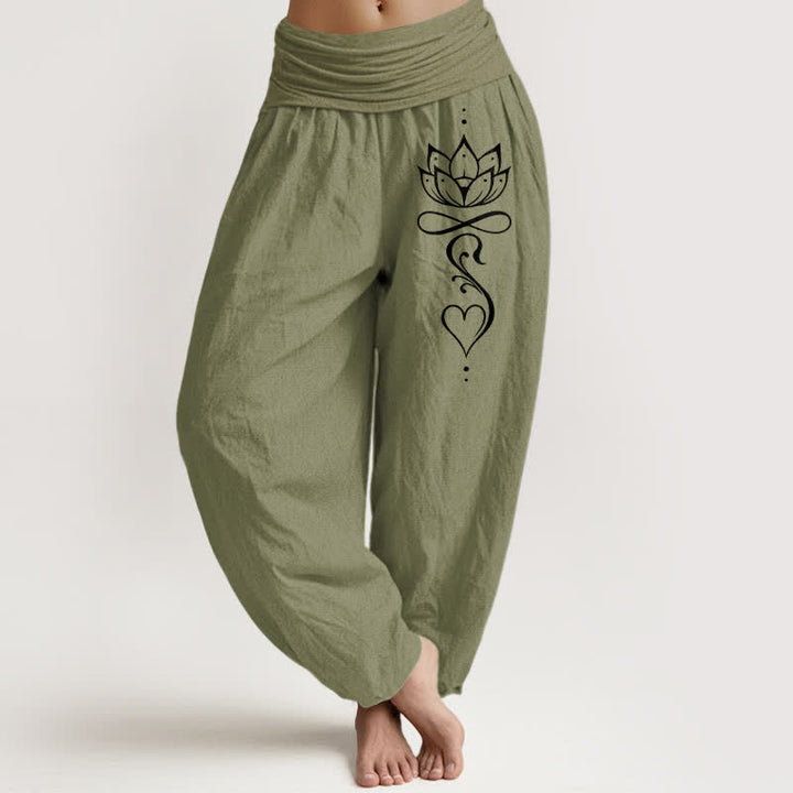 Buddha Stones Pantalon harem pour femme en pur coton blanc à motif de lotus et taille élastique - Vert olive - US16，UK/AU20，EU48 (3XL) - image 14