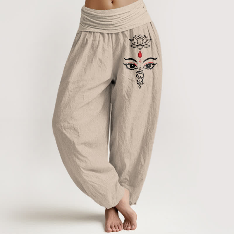 Buddha Stones Pantalon harem pour femme en pur coton blanc à motif œil de lotus et taille élastique - Tanné - US16，UK/AU20，EU48 (3XL) - image 11
