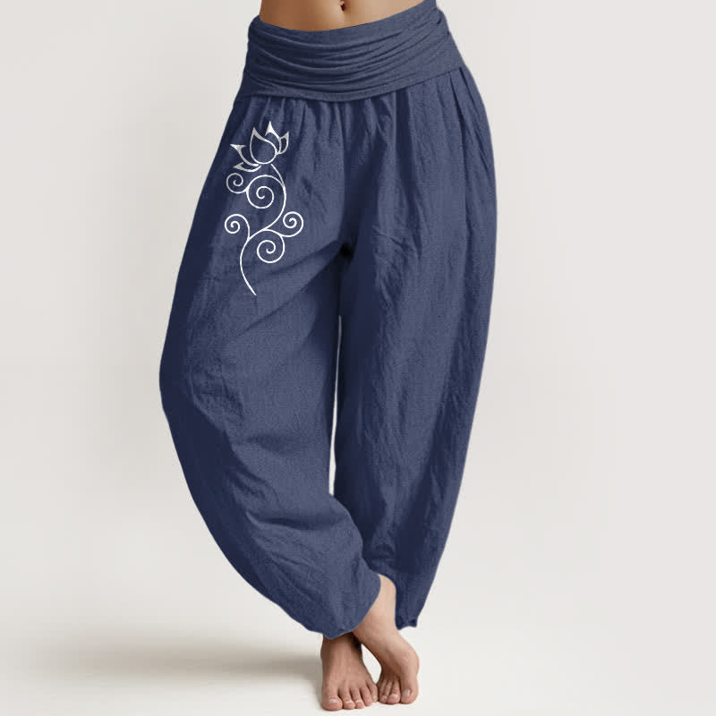 Buddha Stones Pantalon harem pour femme en pur coton blanc à motif floral de lotus et de vigne, taille élastique - Bleu ardoise foncé - US16，UK/AU20，EU48 (3XL) - image 0