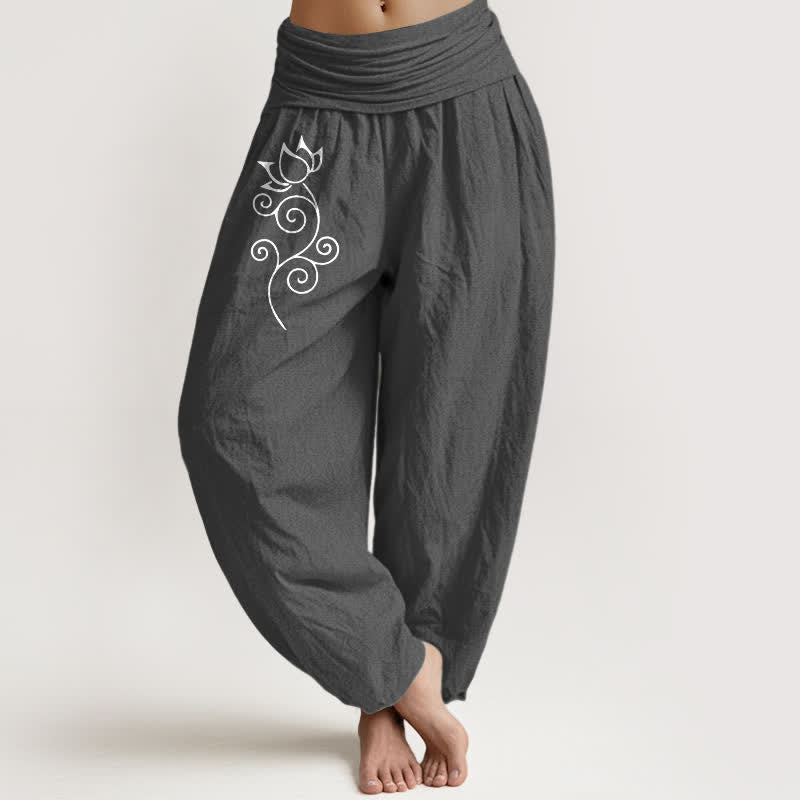 Buddha Stones Pantalon harem pour femme en pur coton blanc à motif floral de lotus et de vigne, taille élastique - Gris sombre - US16，UK/AU20，EU48 (3XL) - image 8