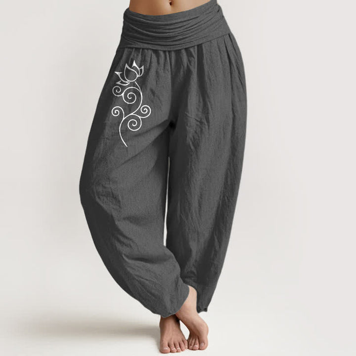 Buddha Stones Pantalon harem pour femme en pur coton blanc à motif floral de lotus et de vigne, taille élastique - Gris sombre - US16，UK/AU20，EU48 (3XL) - image 8
