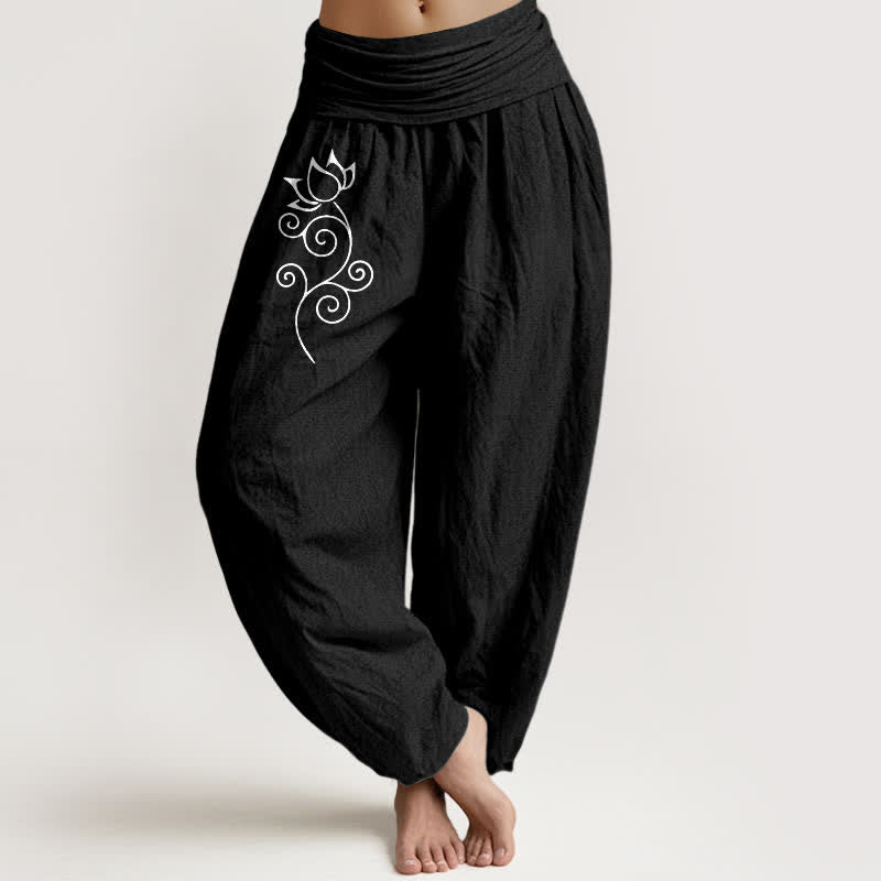 Buddha Stones Pantalon harem pour femme en pur coton blanc à motif floral de lotus et de vigne, taille élastique - Noir - US16，UK/AU20，EU48 (3XL) - image 5