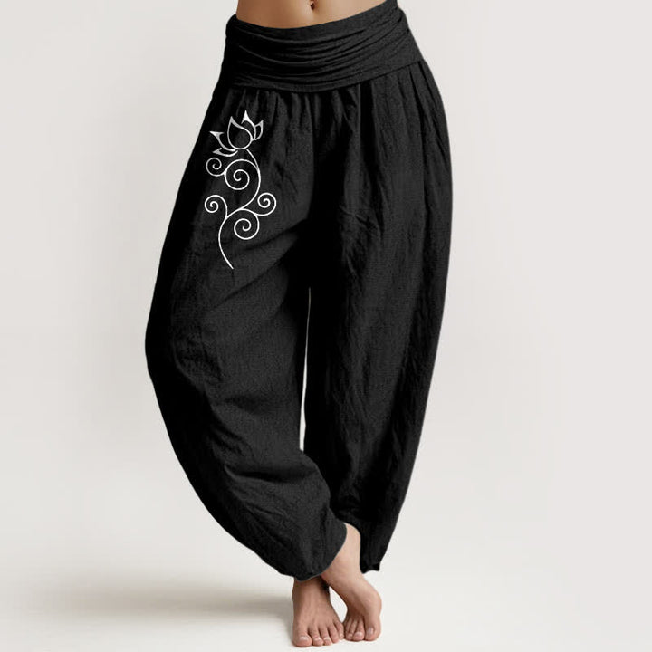 Buddha Stones Pantalon harem pour femme en pur coton blanc à motif floral de lotus et de vigne, taille élastique - Noir - US16，UK/AU20，EU48 (3XL) - image 5