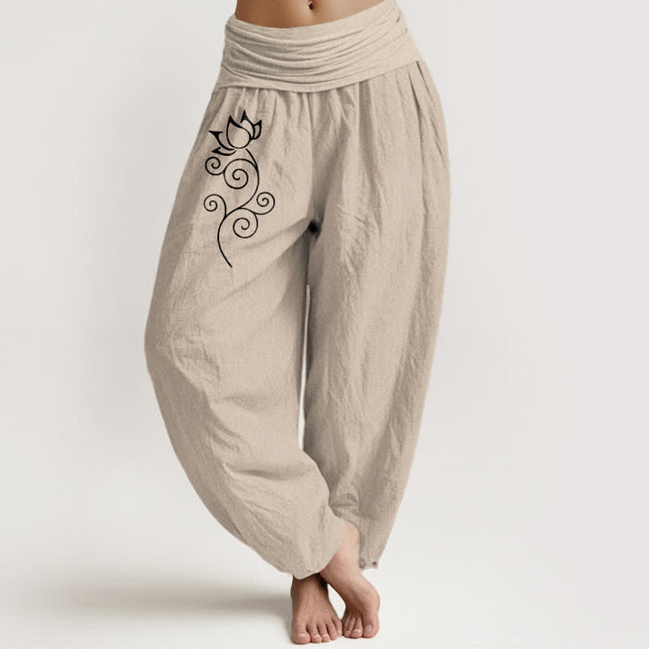 Buddha Stones Pantalon harem pour femme en pur coton blanc à motif floral de lotus et de vigne, taille élastique - Tanné - US16，UK/AU20，EU48 (3XL) - image 11