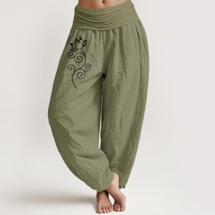 Buddha Stones Pantalon harem pour femme en pur coton blanc à motif floral de lotus et de vigne, taille élastique - Vert olive - US16，UK/AU20，EU48 (3XL) - image 14