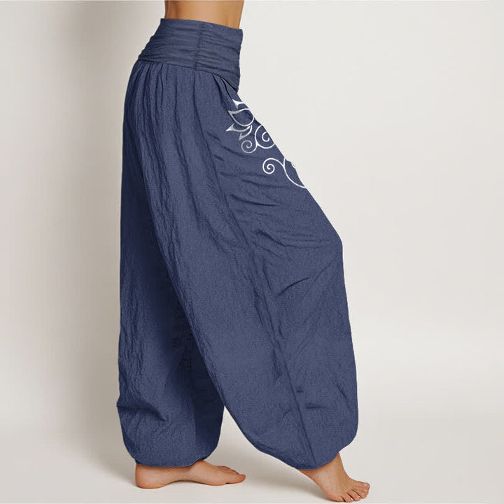 Buddha Stones Pantalon harem pour femme en pur coton blanc à motif floral de lotus et de vigne, taille élastique - image 1