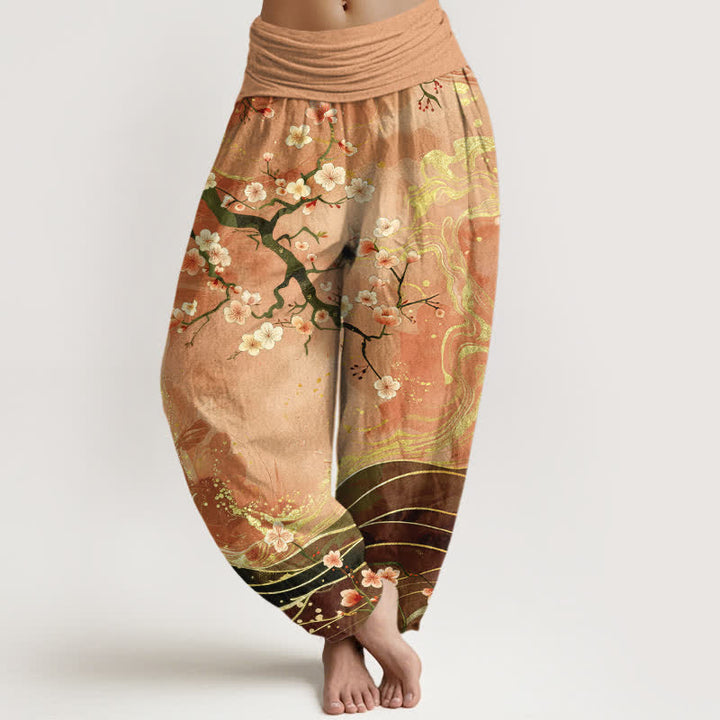 Buddha Stones Pantalon harem pour femme en pur coton à motif de branches de cerisier en fleurs, taille élastique - BurlyWood - US16，UK/AU20，EU48 (3XL) - image 0