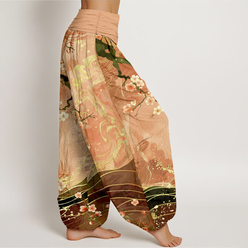 Buddha Stones Pantalon harem pour femme en pur coton à motif de branches de cerisier en fleurs, taille élastique - image 1