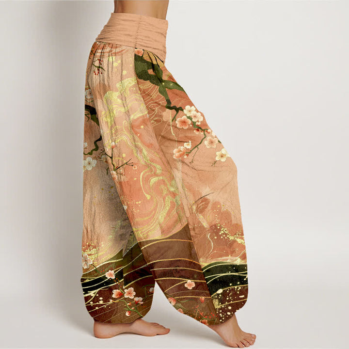 Buddha Stones Pantalon harem pour femme en pur coton à motif de branches de cerisier en fleurs, taille élastique - image 1