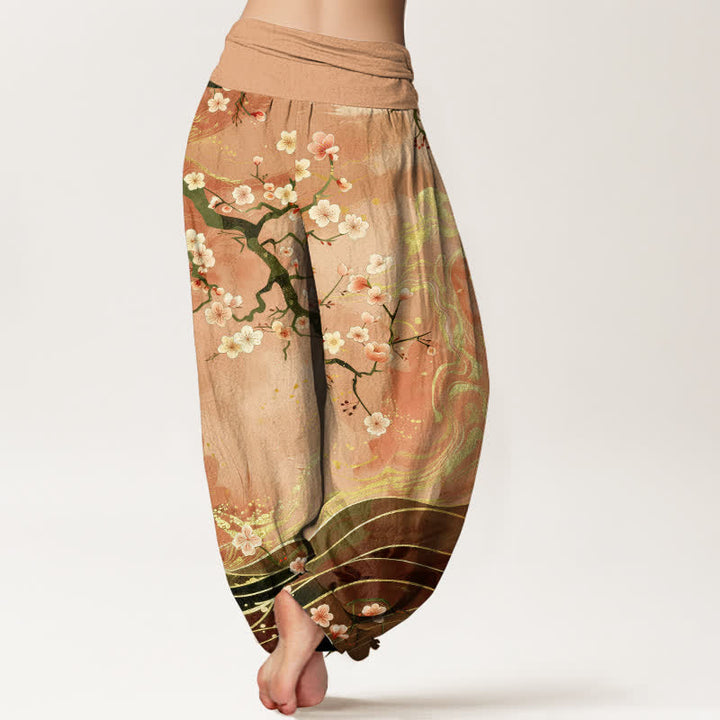 Buddha Stones Pantalon harem pour femme en pur coton à motif de branches de cerisier en fleurs, taille élastique - image 2