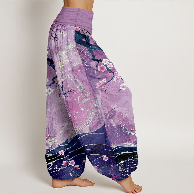 Buddha Stones Pantalon harem pour femme en pur coton à motif de branches de cerisier en fleurs, taille élastique - image 6