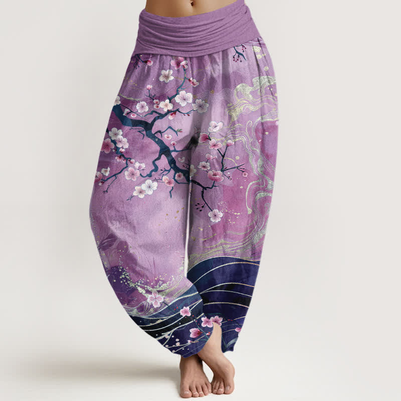 Buddha Stones Pantalon harem pour femme en pur coton à motif de branches de cerisier en fleurs, taille élastique - Prune - US16，UK/AU20，EU48 (3XL) - image 5