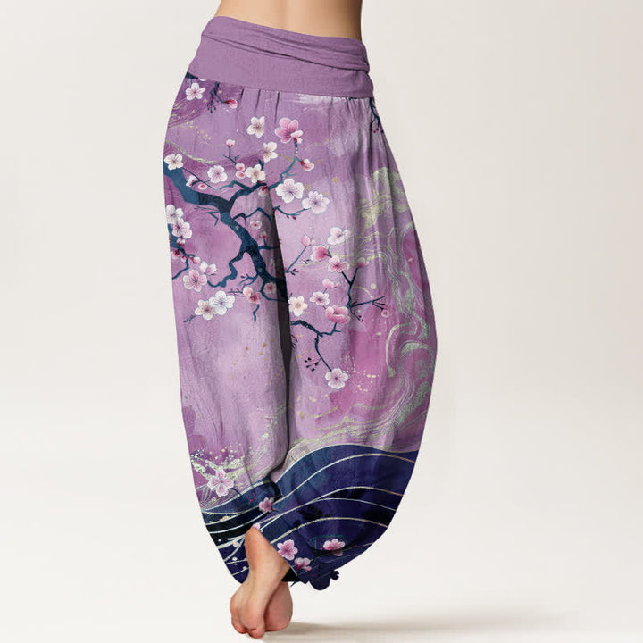 Buddha Stones Pantalon harem pour femme en pur coton à motif de branches de cerisier en fleurs, taille élastique - image 7