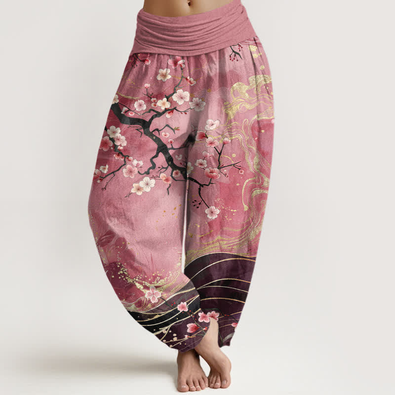 Buddha Stones Pantalon harem pour femme en pur coton à motif de branches de cerisier en fleurs, taille élastique - Rouge violet pâle - US16，UK/AU20，EU48 (3XL) - image 8