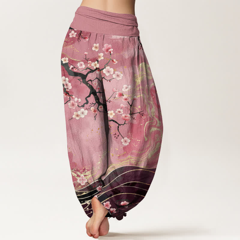Buddha Stones Pantalon harem pour femme en pur coton à motif de branches de cerisier en fleurs, taille élastique - image 10