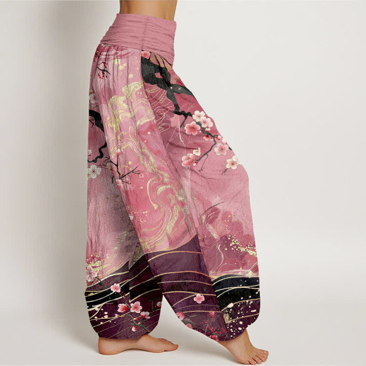Buddha Stones Pantalon harem pour femme en pur coton à motif de branches de cerisier en fleurs, taille élastique - image 9