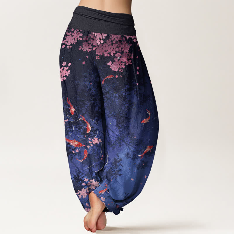 Buddha Stones Pantalon pour femme en pur coton, motif carpes koï et fleurs de cerisier, taille élastique et poches - image 2