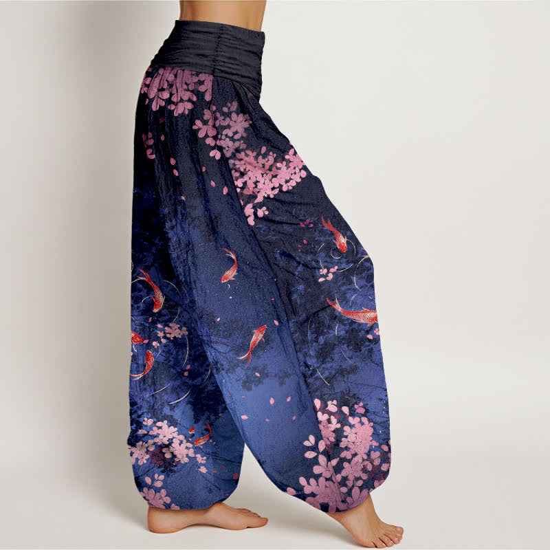 Buddha Stones Pantalon pour femme en pur coton, motif carpes koï et fleurs de cerisier, taille élastique et poches - image 1