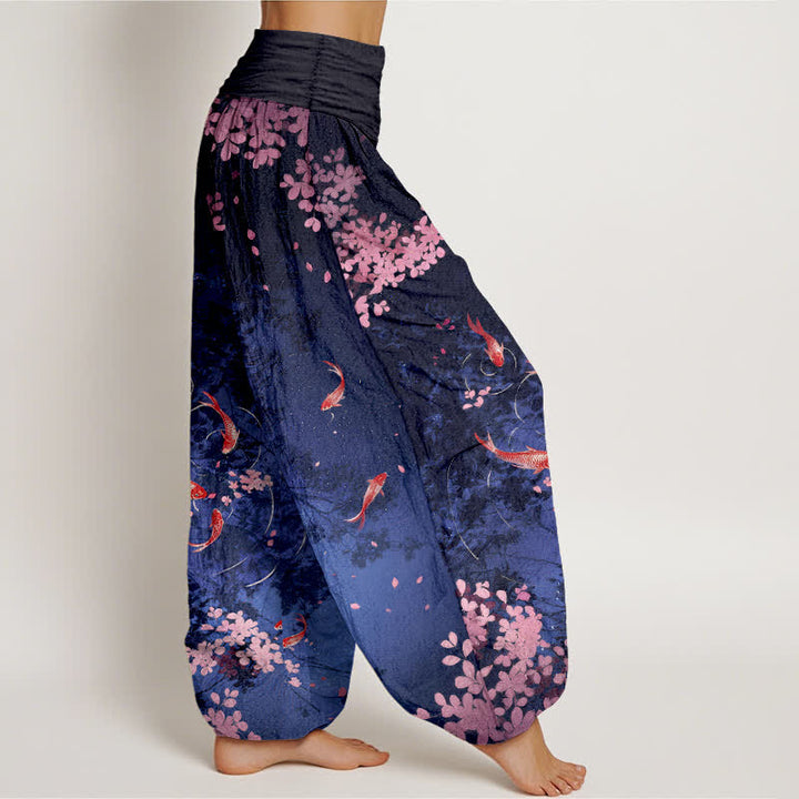 Buddha Stones Pantalon pour femme en pur coton, motif carpes koï et fleurs de cerisier, taille élastique et poches - image 1