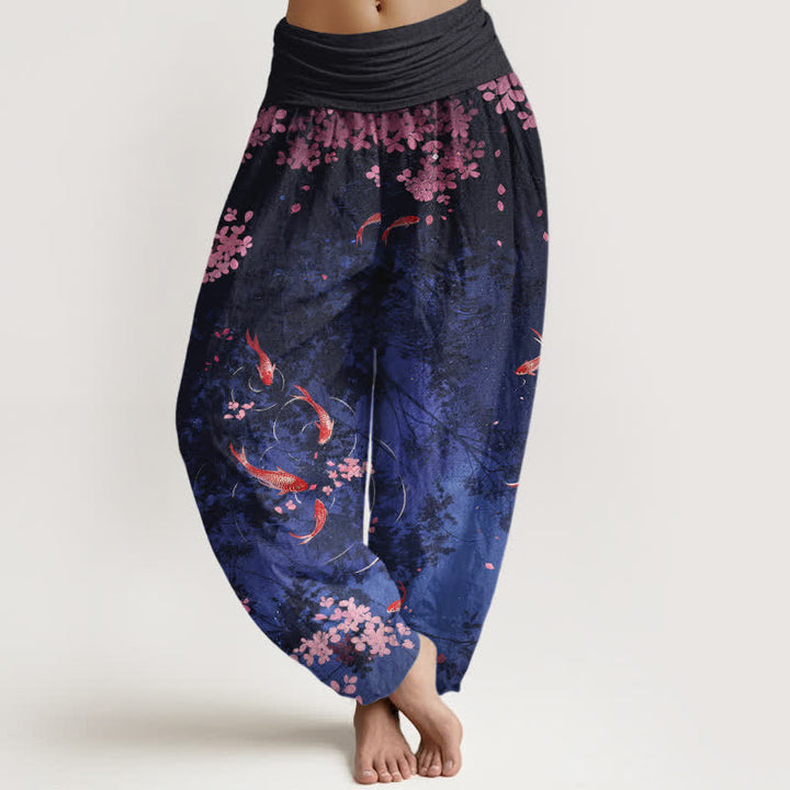 Buddha Stones Pantalon pour femme en pur coton, motif carpes koï et fleurs de cerisier, taille élastique et poches - Marine - US16，UK/AU20，EU48 (3XL) - image 0