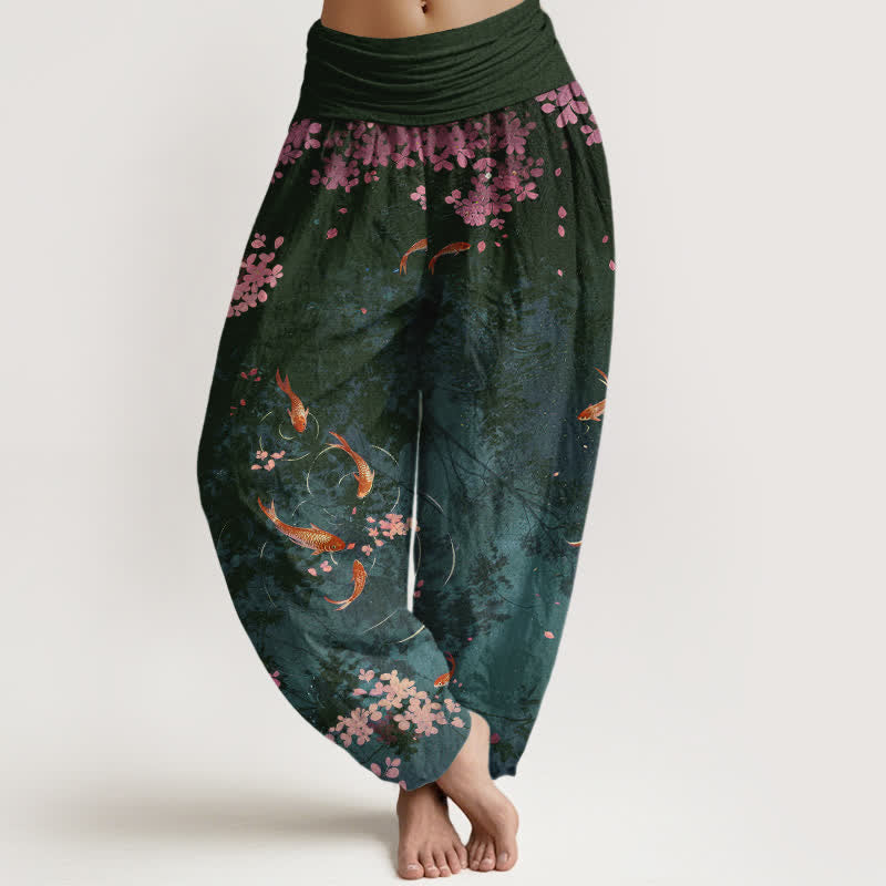 Buddha Stones Pantalon pour femme en pur coton, motif carpes koï et fleurs de cerisier, taille élastique et poches - Gris ardoise foncé - US16，UK/AU20，EU48 (3XL) - image 5