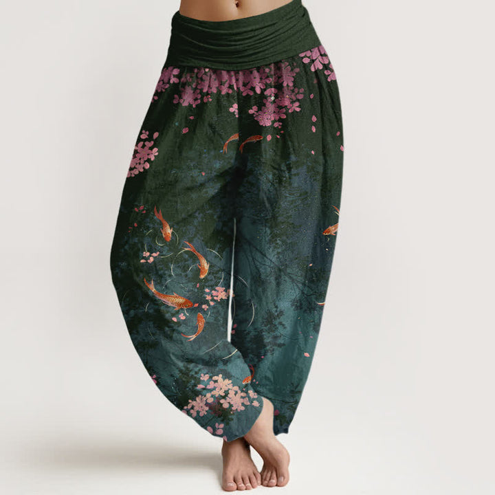 Buddha Stones Pantalon pour femme en pur coton, motif carpes koï et fleurs de cerisier, taille élastique et poches - Gris ardoise foncé - US16，UK/AU20，EU48 (3XL) - image 5