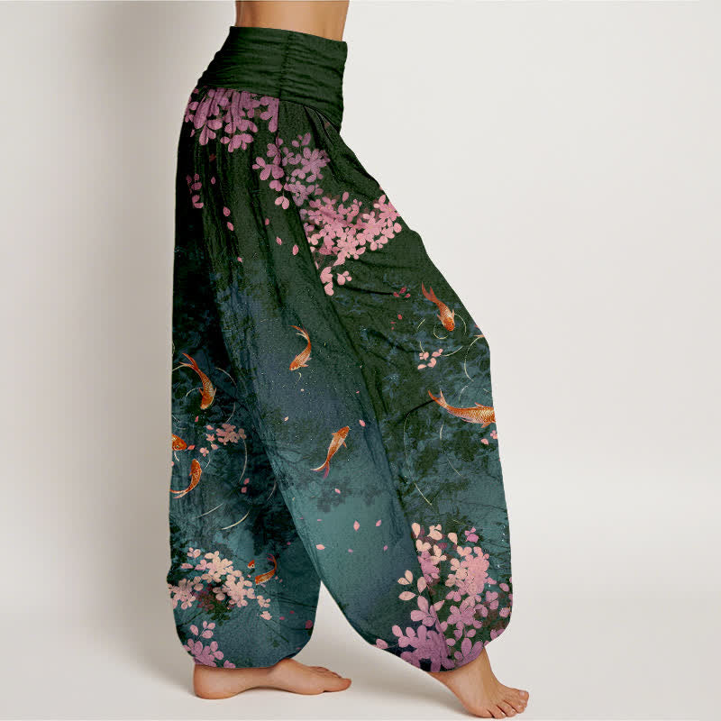 Buddha Stones Pantalon pour femme en pur coton, motif carpes koï et fleurs de cerisier, taille élastique et poches - image 6