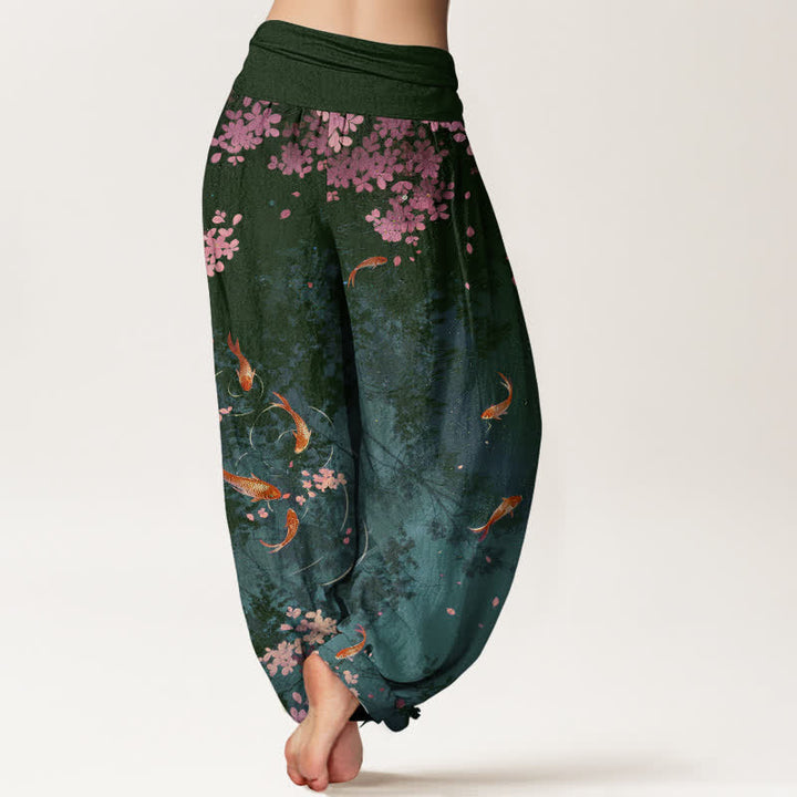 Buddha Stones Pantalon pour femme en pur coton, motif carpes koï et fleurs de cerisier, taille élastique et poches - image 7