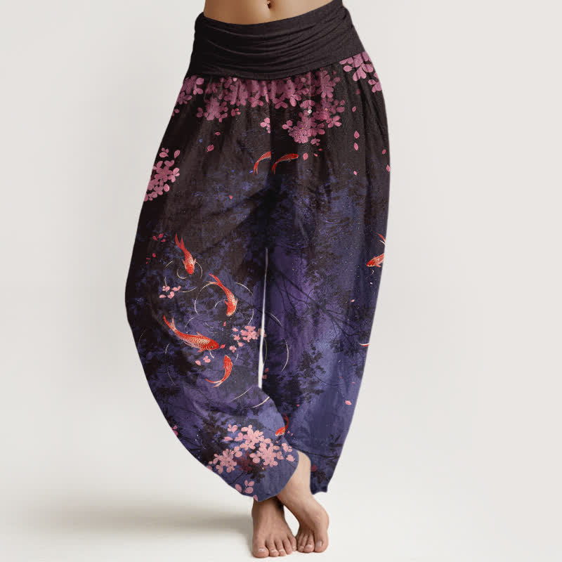Buddha Stones Pantalon pour femme en pur coton, motif carpes koï et fleurs de cerisier, taille élastique et poches - Indigo - US16，UK/AU20，EU48 (3XL) - image 8